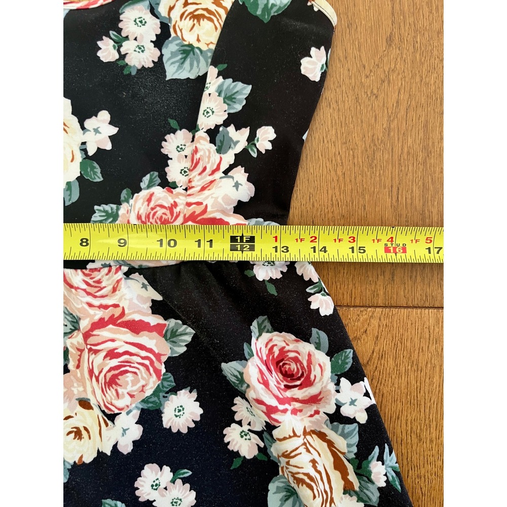 Floral Print Skater Mini Dress Black Rose Scoop Neck Sleeveless A Line Size S - Picture 5 of 14